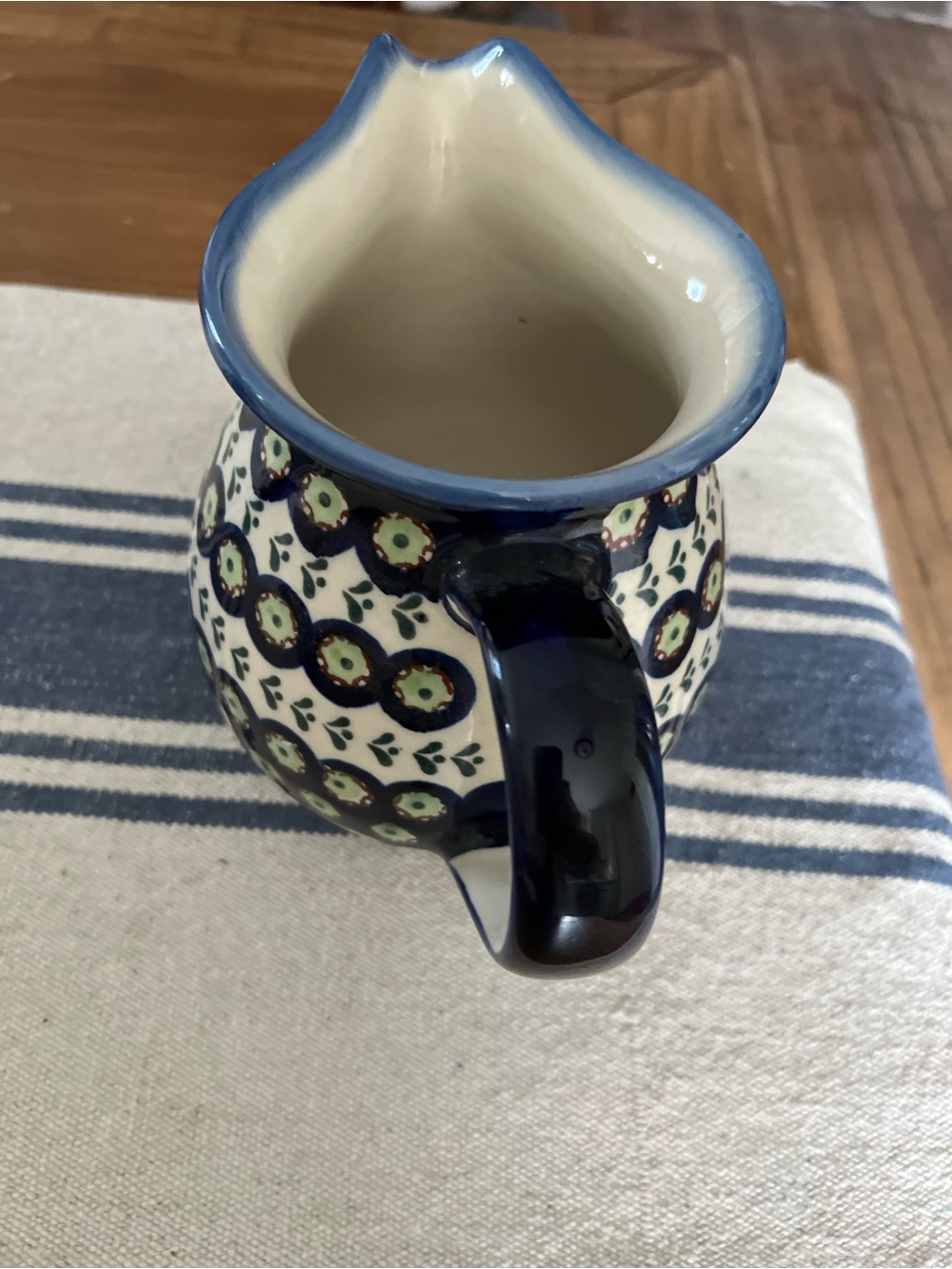 Boleslawiec Polish Pottery Pitcher 6.5” Hand Painted Peacock Eye Leaf Vase - Picture 3 of 7